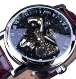 Winner Gouden Kast Luxe Horloge voor Heren - Leren Bandje Transparant Mechanisch Skelet Zwart Bruin