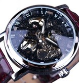 Winner Reloj de Lujo con Caja Dorada para Hombre - Correa de Cuero Esqueleto Mecánico Transparente Negro Marrón