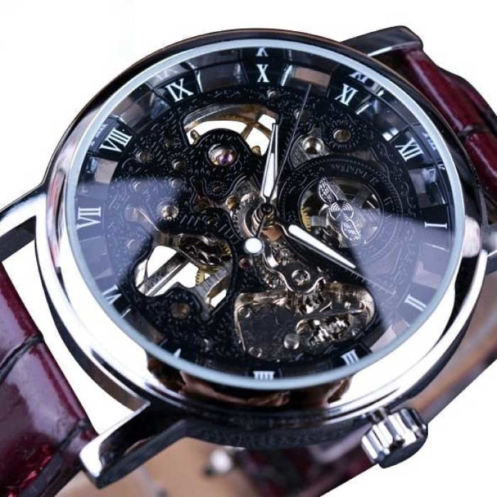 Montre Homme Luxe Boitier Or - Bracelet Cuir Squelette Mécanique Transparent Noir Marron