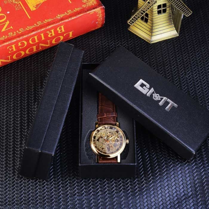 Gouden Kast Luxe Horloge voor Heren Transparant Mechanisch Skelet Stuff Enough.be