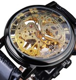 Winner Luksusowy zegarek dla mężczyzn ze złotą kopertą — skórzany pasek z przezroczystym mechanicznym szkieletem w kolorze czarnego złota