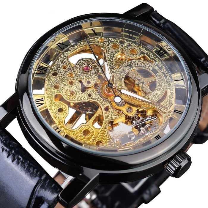 Gold Case Luxury Watch for Men - Leather Strap Transparent Mechanical Skeleton Black Gold