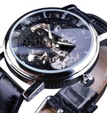 Winner Luksusowy zegarek dla mężczyzn ze złotą kopertą — skórzany pasek z przezroczystym mechanicznym szkieletem w kolorze czarnym srebrnym