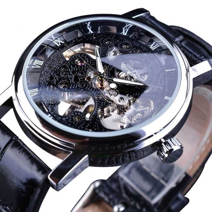 Caja Dorada Reloj de Lujo para Hombre - Correa de Cuero Esqueleto Mecánico Transparente Negro Plata