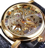 Winner Gold Case Luxury Watch for Men - Leather Strap Transparent Mechanical Skeleton Black Gold