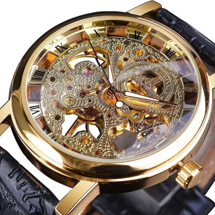 Gold Case Luxury Watch for Men - Leather Strap Transparent Mechanical Skeleton Black Gold