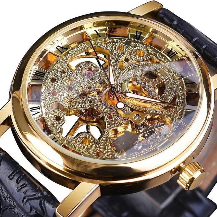 Luksusowy zegarek dla mężczyzn ze złotą kopertą — skórzany pasek z przezroczystym mechanicznym szkieletem w kolorze czarnego złota