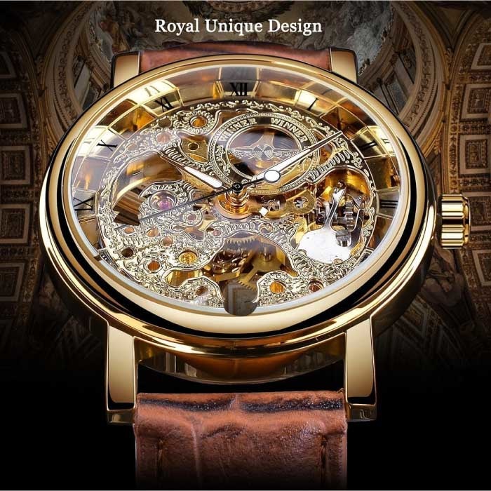 Gold Case Luxury Watch for Men Transparent Mechanical Skeleton Stuff Enough.be
