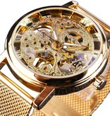 Winner Gold Case Luxury Watch for Men - Mesh Strap Transparent Mechanical Skeleton Gold