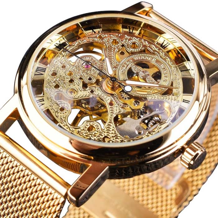 Reloj de Lujo con Caja Dorada para Hombre - Correa de Malla Esqueleto Mecánico Transparente Dorado