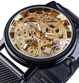 Winner Gouden Kast Luxe Horloge voor Heren - Mesh Bandje Transparant Mechanisch Skelet Goud Zwart