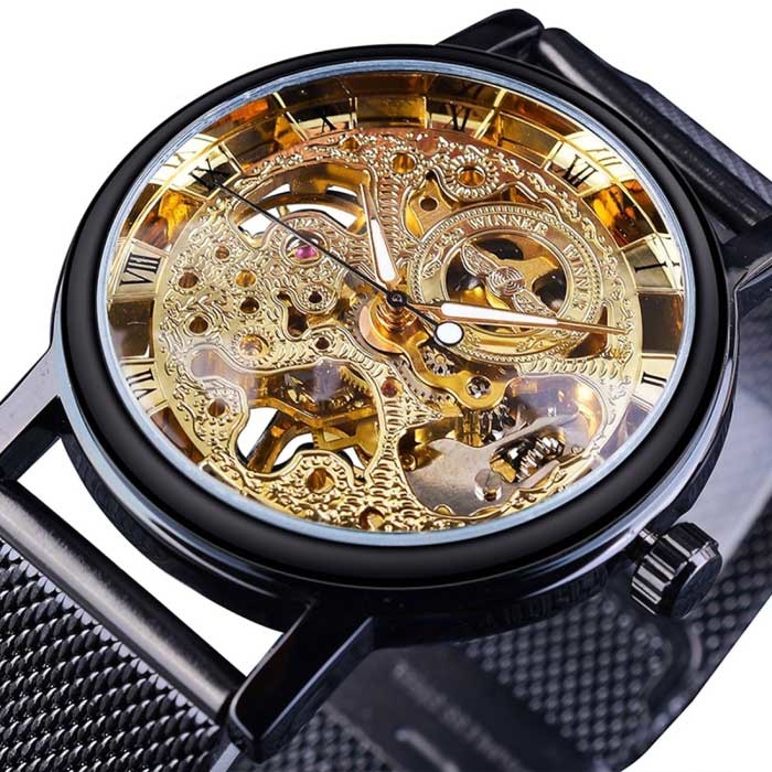 Gold Case Luxury Watch for Men - Mesh Strap Transparent Mechanical Skeleton Gold Black