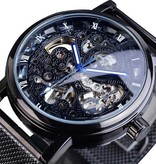 Winner Gouden Kast Luxe Horloge voor Heren - Mesh Bandje Transparant Mechanisch Skelet Zwart