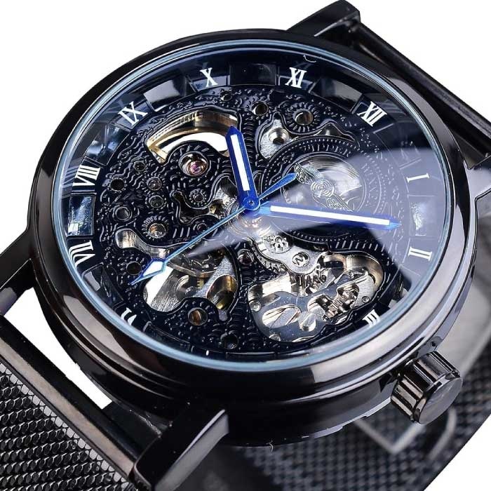 Gouden Kast Luxe Horloge voor Heren - Mesh Bandje Transparant Mechanisch Skelet Zwart