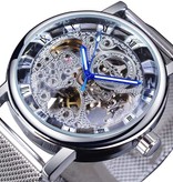 Winner Gouden Kast Luxe Horloge voor Heren - Mesh Bandje Transparant Mechanisch Skelet Zilver