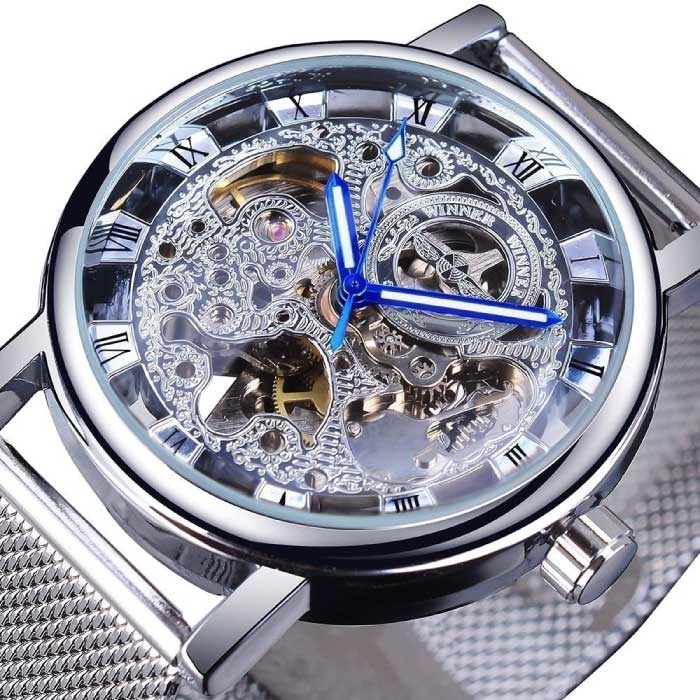 Gouden Kast Luxe Horloge voor Heren - Mesh Bandje Transparant Mechanisch Skelet Zilver