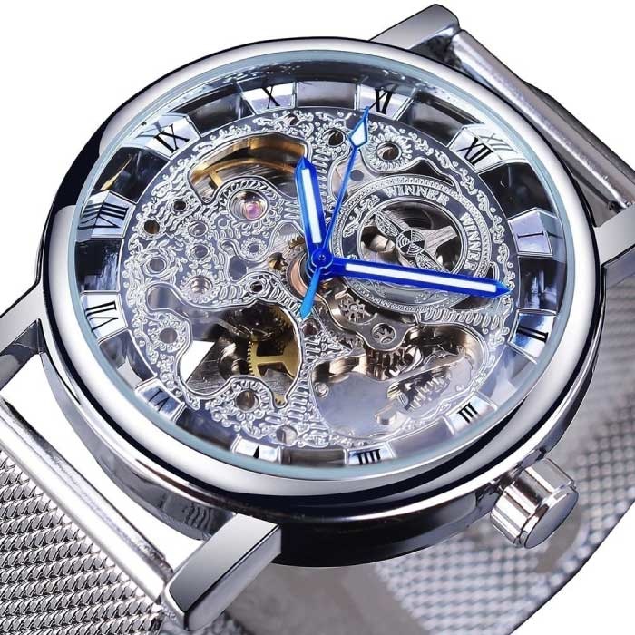 Luksusowy zegarek dla mężczyzn ze złotą kopertą — przezroczysty, mechaniczny szkielet z siateczki, srebrny