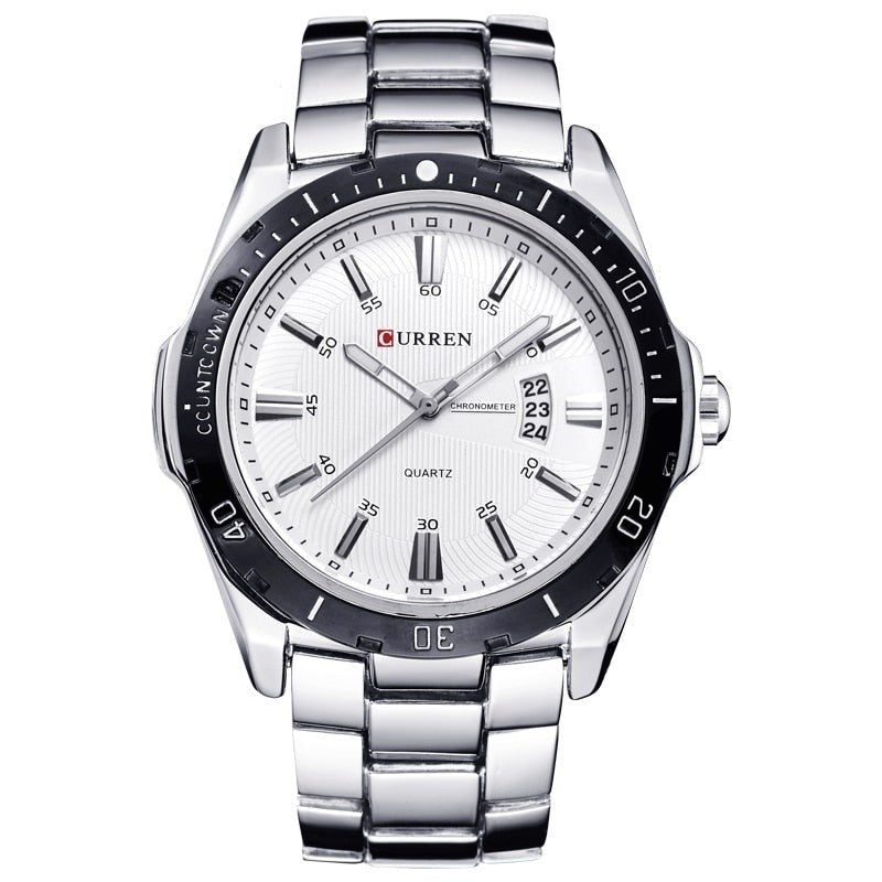 Men's Mechanical Business Watch - Quartz Movement Stainless Steel Strap Wristwatch Silver White