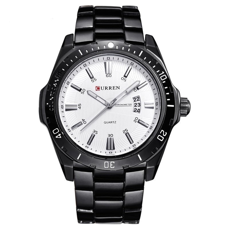 Męski mechaniczny zegarek biznesowy — zegarek z mechanizmem kwarcowym ze stali nierdzewnej, czarny biały
