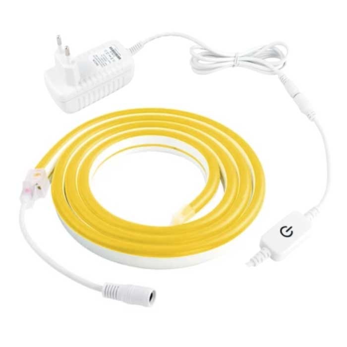 Bande LED Néon 5 Mètres - Tube Eclairage Flexible avec Adaptateur Prise 12V et Interrupteur Marche/Arrêt Etanche Jaune