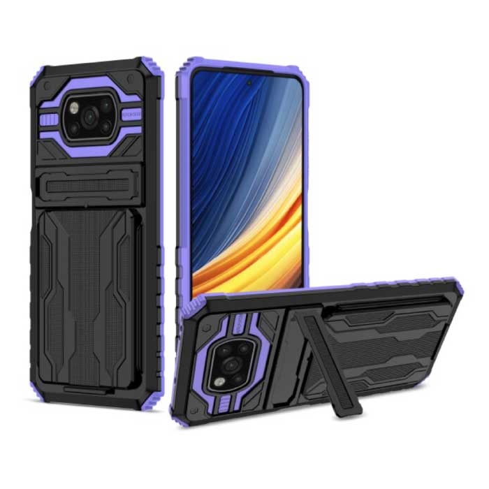 Xiaomi Poco M3 Pro - Armor Card Slot Case with Kickstand - Wallet Cover Case Purple