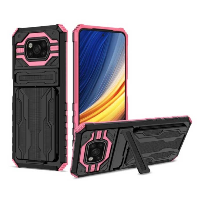 Xiaomi Poco M3 - Armor Card Slot Case with Kickstand - Wallet Cover Case Pink