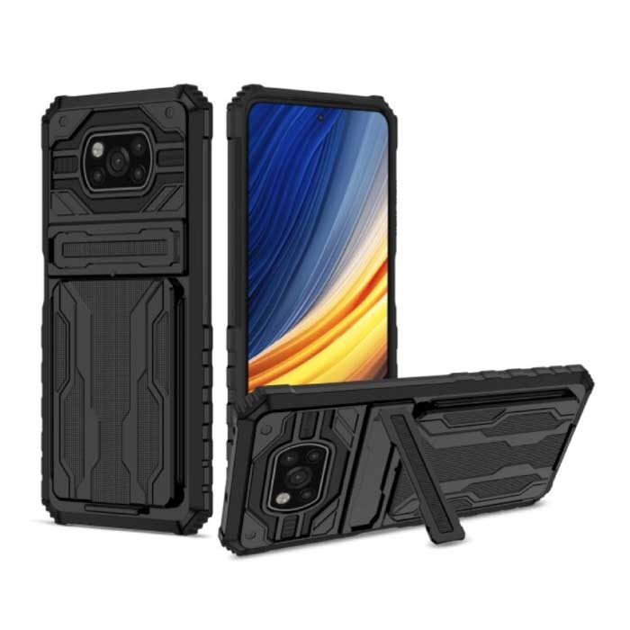 Xiaomi Poco X3 Pro - Armor Card Slot Case with Kickstand - Wallet Cover Case Black