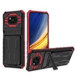 LUCKBY Xiaomi Poco X3 - Armor Card Slot Case with Kickstand - Wallet Cover Case Red