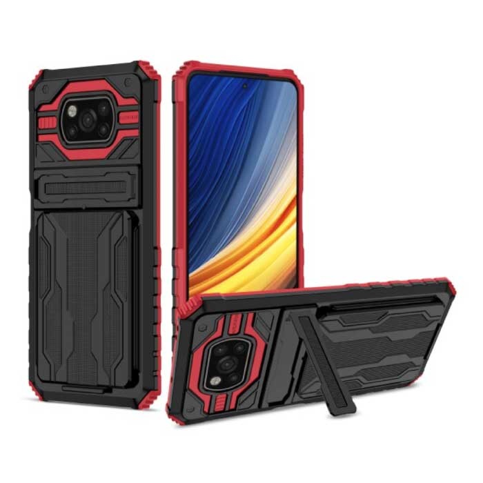 LUCKBY Xiaomi Poco X3 Pro - Armor Card Slot Case with Kickstand - Wallet Cover Case Red