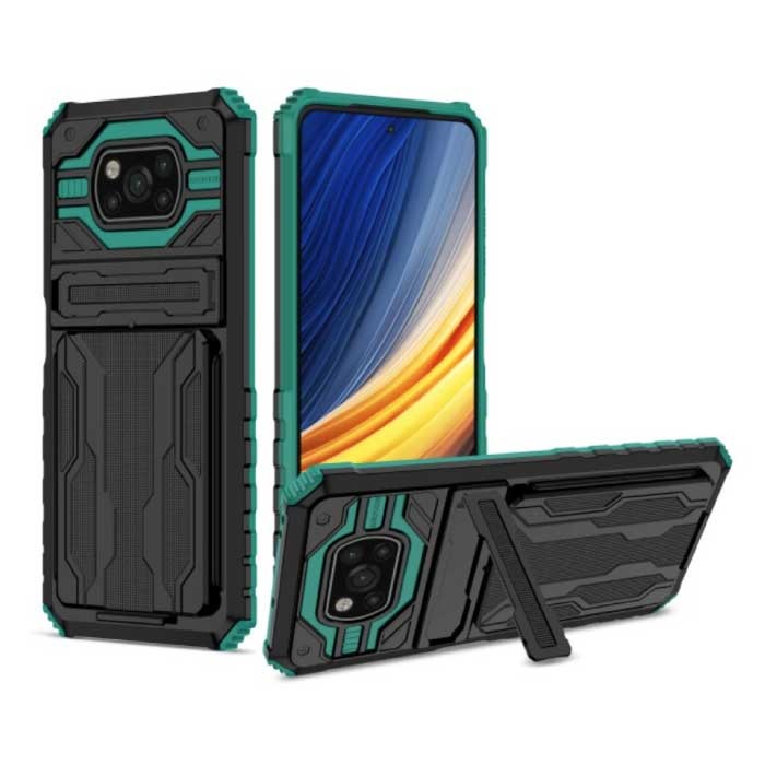 Xiaomi Redmi Note 10 5G - Armor Card Slot Case with Kickstand - Wallet Cover Case Green