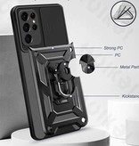 Huikai Samsung Galaxy A12 - Armor Hoesje met Kickstand en Camera Bescherming - Pop Grip Cover Case Zwart