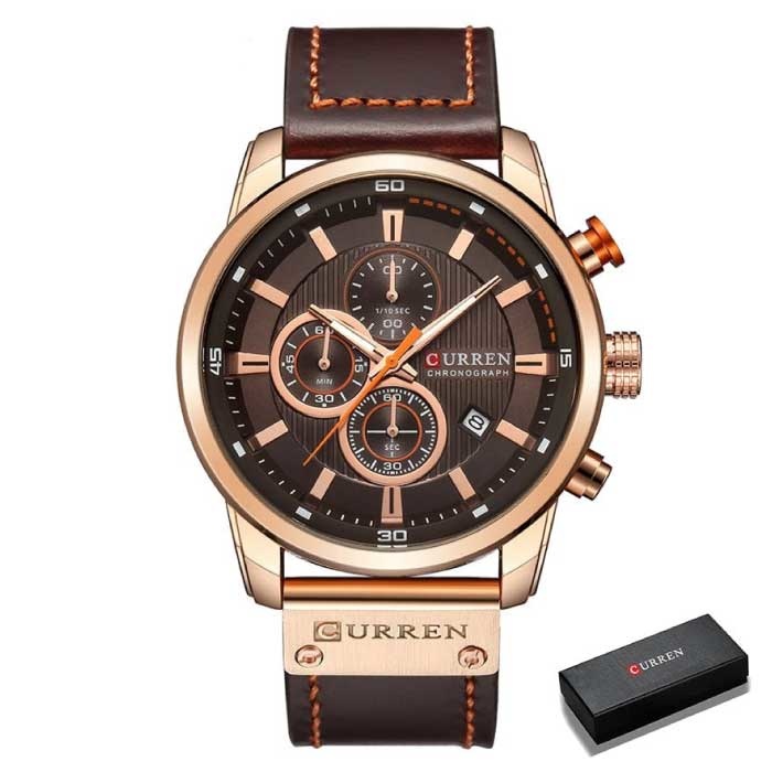 Luksusowy zegarek dla mężczyzn ze skórzanym paskiem - kwarcowy sportowy chronograf na rękę brązowy