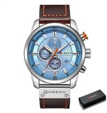 Curren Luksusowy zegarek dla mężczyzn ze skórzanym paskiem – kwarcowy sportowy chronograf na rękę srebrno-niebieski
