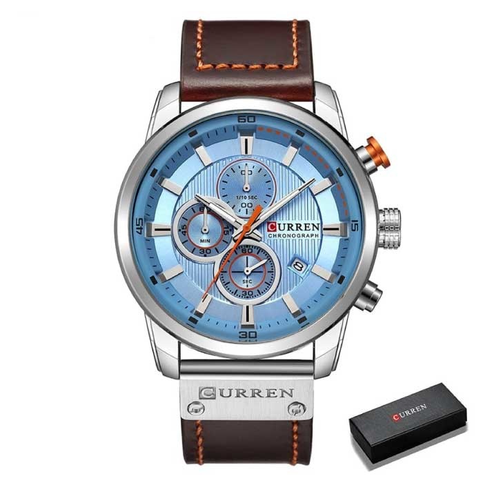 Luksusowy zegarek dla mężczyzn ze skórzanym paskiem – kwarcowy sportowy chronograf na rękę srebrno-niebieski