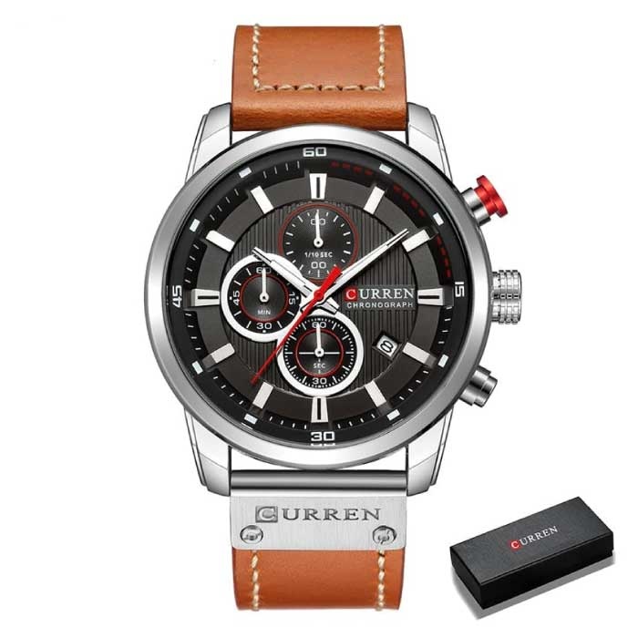 Luxusuhr für Herren mit Lederband - Quarz Sport Chronograph Armbanduhr Silber Schwarz