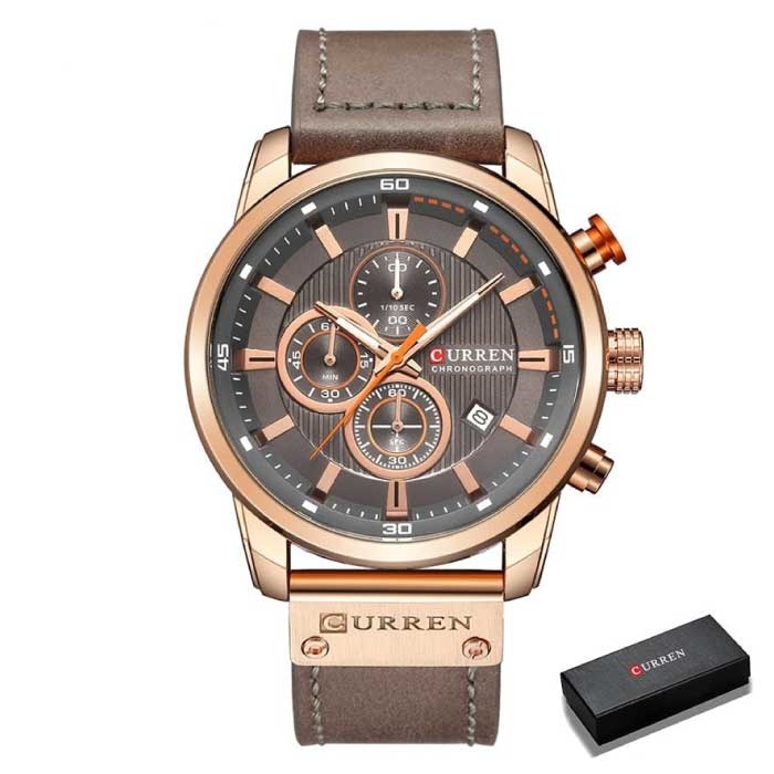 Montre de Luxe pour Homme avec Bracelet en Cuir - Montre-Bracelet Quartz Sport Chronographe Gris