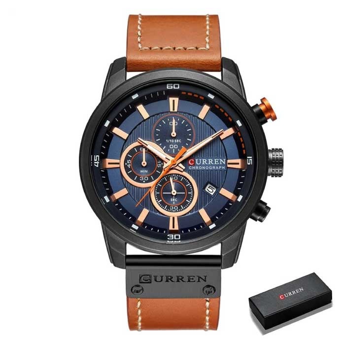 Luksusowy zegarek dla mężczyzn ze skórzanym paskiem – kwarcowy sportowy chronograf na rękę, czarny niebieski