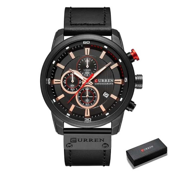 Luksusowy zegarek dla mężczyzn ze skórzanym paskiem – kwarcowy sportowy chronograf na rękę w kolorze czarnym