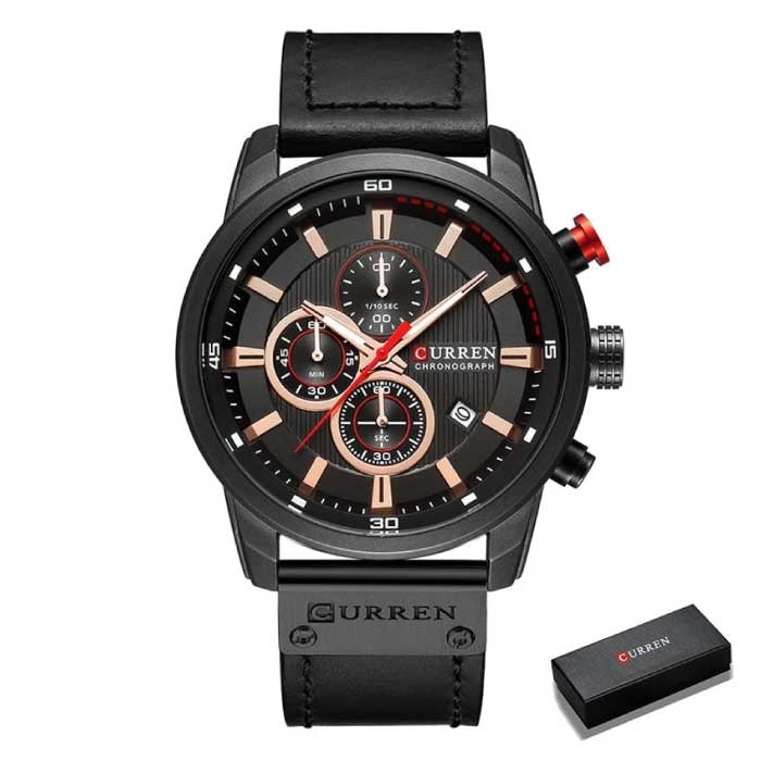 Luxusuhr für Herren mit Lederarmband - Quarz Sport Chronograph Armbanduhr Schwarz