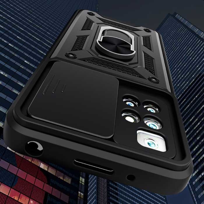 Keysion Xiaomi Redmi 10 - Custodia Armor con Cavalletto e Protezione Fotocamera - Custodia Pop Grip Cover Nera