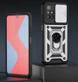 Keysion Xiaomi Redmi Note 10 - Armor Case with Kickstand and Camera Protection - Pop Grip Cover Case Silver