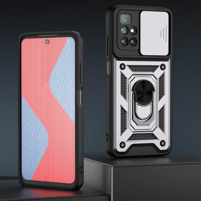 Xiaomi Redmi Note 10 - Armor Hoesje met Kickstand en Camera Bescherming - Pop Grip Cover Case Zilver