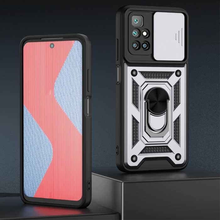 Xiaomi Redmi Note 10S - Armor Case with Kickstand and Camera Protection - Pop Grip Cover Case Silver
