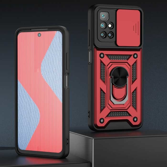 Xiaomi Redmi Note 10 - Armor Hoesje met Kickstand en Camera Bescherming - Pop Grip Cover Case Rood