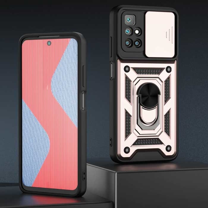 Keysion Xiaomi Redmi Note 10S - Armor Case with Kickstand and Camera Protection - Pop Grip Cover Case Rose Gold