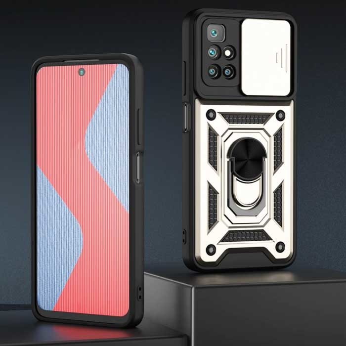 Keysion Xiaomi Redmi Note 10 - Armor Case with Kickstand and Camera Protection - Pop Grip Cover Case Gold