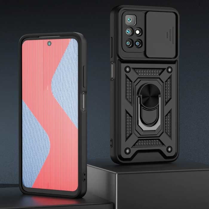 Keysion Xiaomi Redmi Note 10S - Armor Case with Kickstand and Camera Protection - Pop Grip Cover Case Black