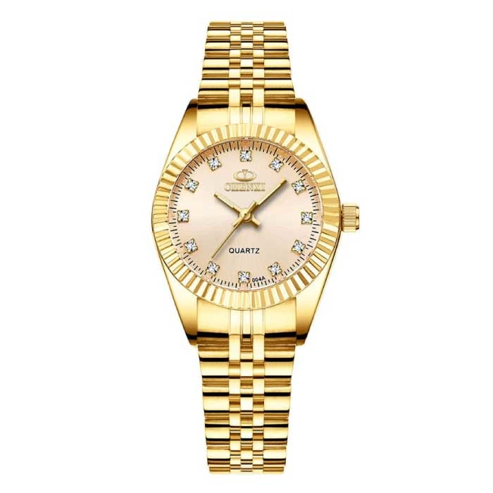 Gouden Luxe Horloge voor Dames - Waterdicht Stras Horloge Roestvrij Stalen Armband Goud