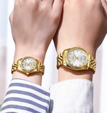 CHENXI Złoty luksusowy zegarek dla kobiet - Wodoodporny zegarek z kryształu górskiego Bransoletka ze stali nierdzewnej Biała