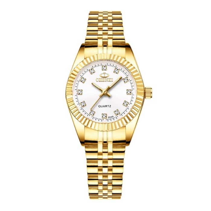 Gold Luxury Watch For Women - Waterproof Rhinestone Watch Stainless Steel Bracelet White